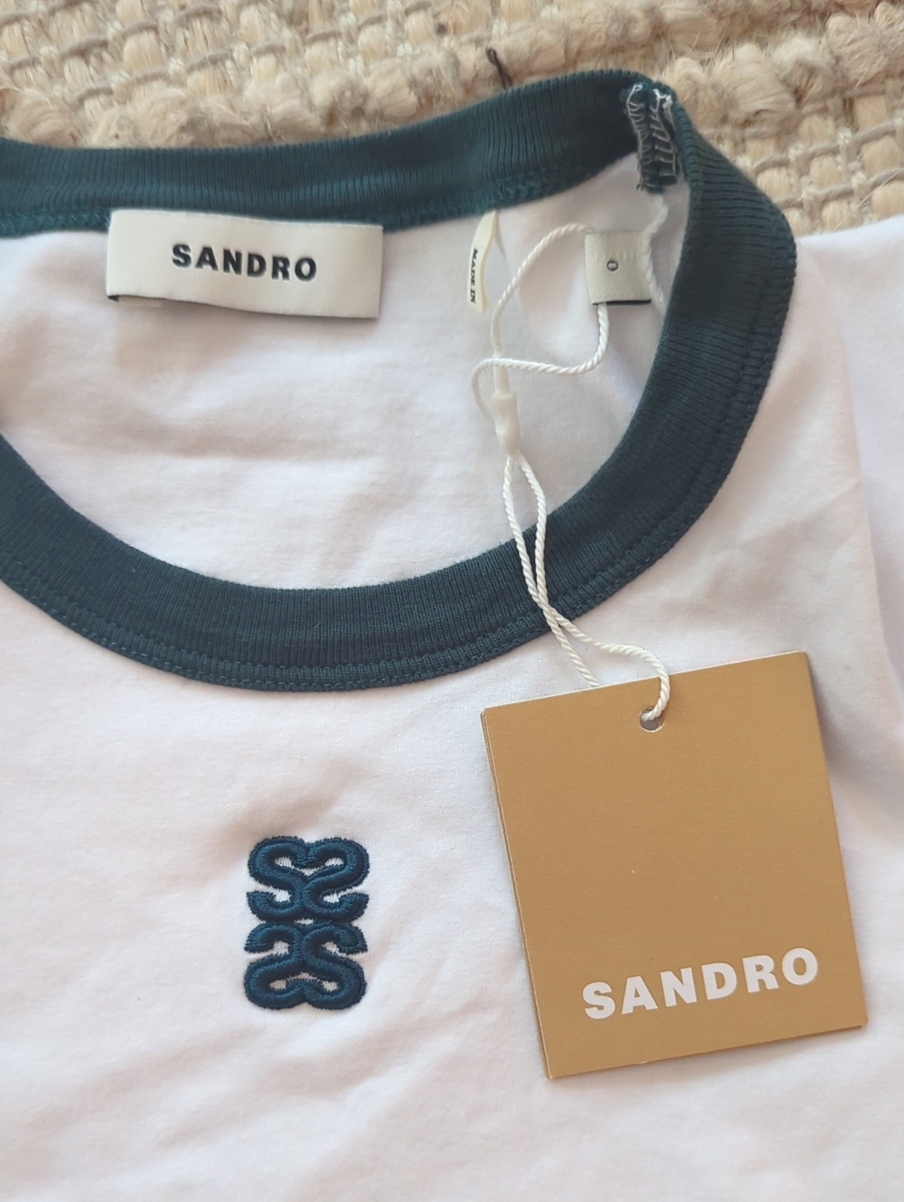 Sandro Paris Two-Tone Cropped T-Shirt | White & Dark Green | Size XS (0) - Picture 3 of 4